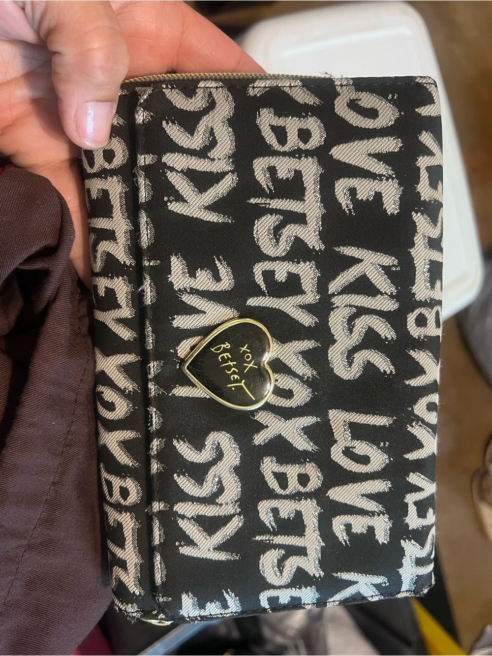 Betsey Johnson Black & Cream Script Logo Heart Clutch